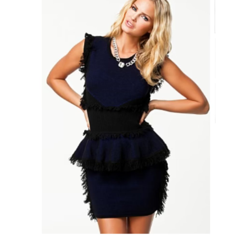Alexander Mcqueen Women's Fringe Peplum Dress Size Small In Black/Blue